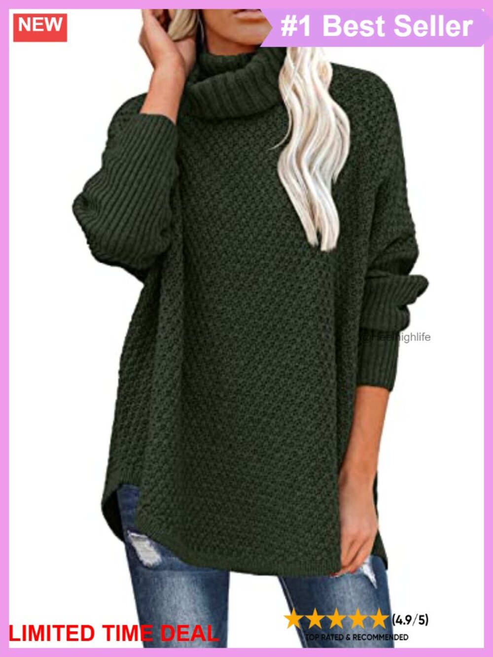 Oversized Turtleneck Long Sleeve Knit Tunic Sweater Pullover
